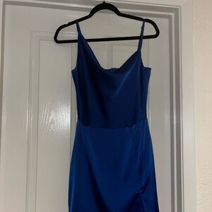 Royal Blue Asymmetrical Neckline Mini Dress